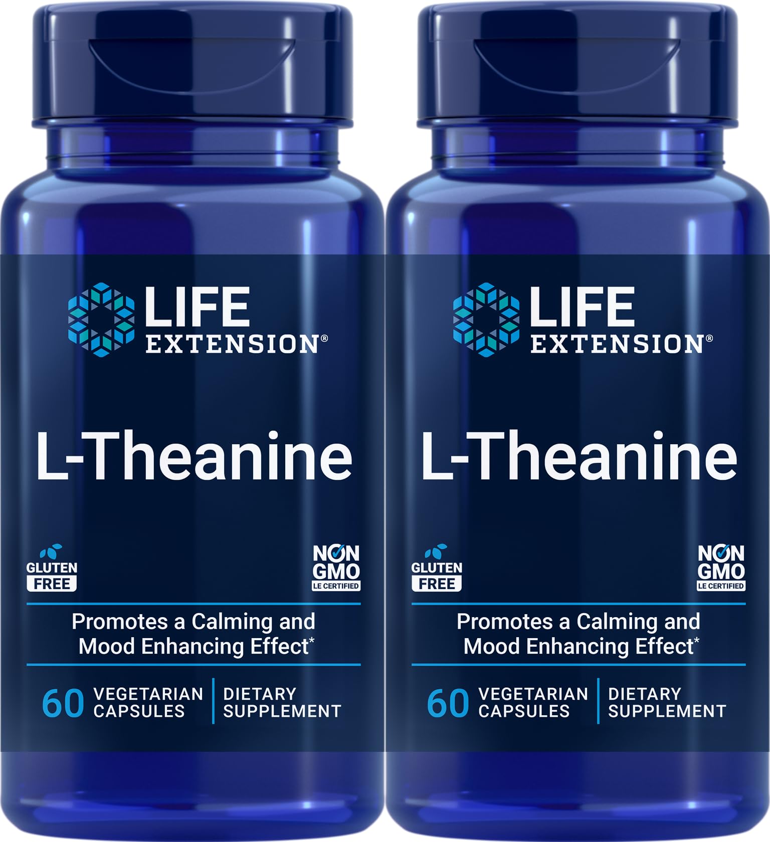Life Extension L-Theanine, Amino Acid theanine, Calm, Relaxation, Mood, Gluten-Free, Non-GMO, Vegetarian, 200 mg, 60 Capsules | Amino Acid Theanine for Calm, Relaxation & Mood, Gluten-Free, Non-GMO & Vegetarian, 100 mg, 60 Capsules