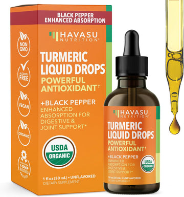 Organic Turmeric Supplement Liquid Drops, Unflavored,1 Fl Oz, 30 Servings | Liquid Turmeric with Black Pepper, USDA Certified, Vegan, Non-GMO 1000mg Curcumin for Movement and Immune Support