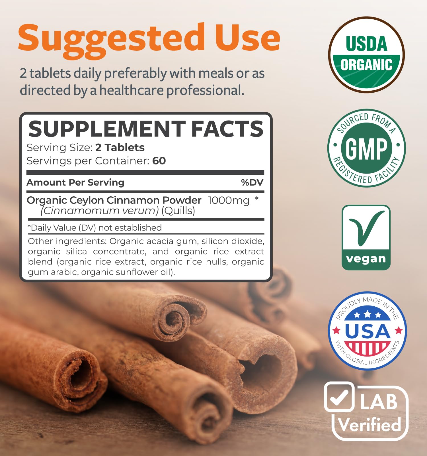 USDA Organic Ceylon Cinnamon Pills - High Potency Ceylon Cinnamon Supplement with 1000mg per Serving for Full Body Antioxidant Support - Vegan Non-GMO cGMP Made & Lab Verified (2 Months Supply)
