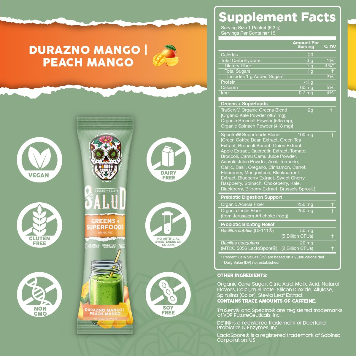 Salud 2-Pack | 2-in-1 Greens Powder + Superfood Drink Mix Packets, Peach Mango & Strawberry Lime, 15 Servings Each, 20+ Fruits and Veggies, Supports Digestive Health, Bloating Relief