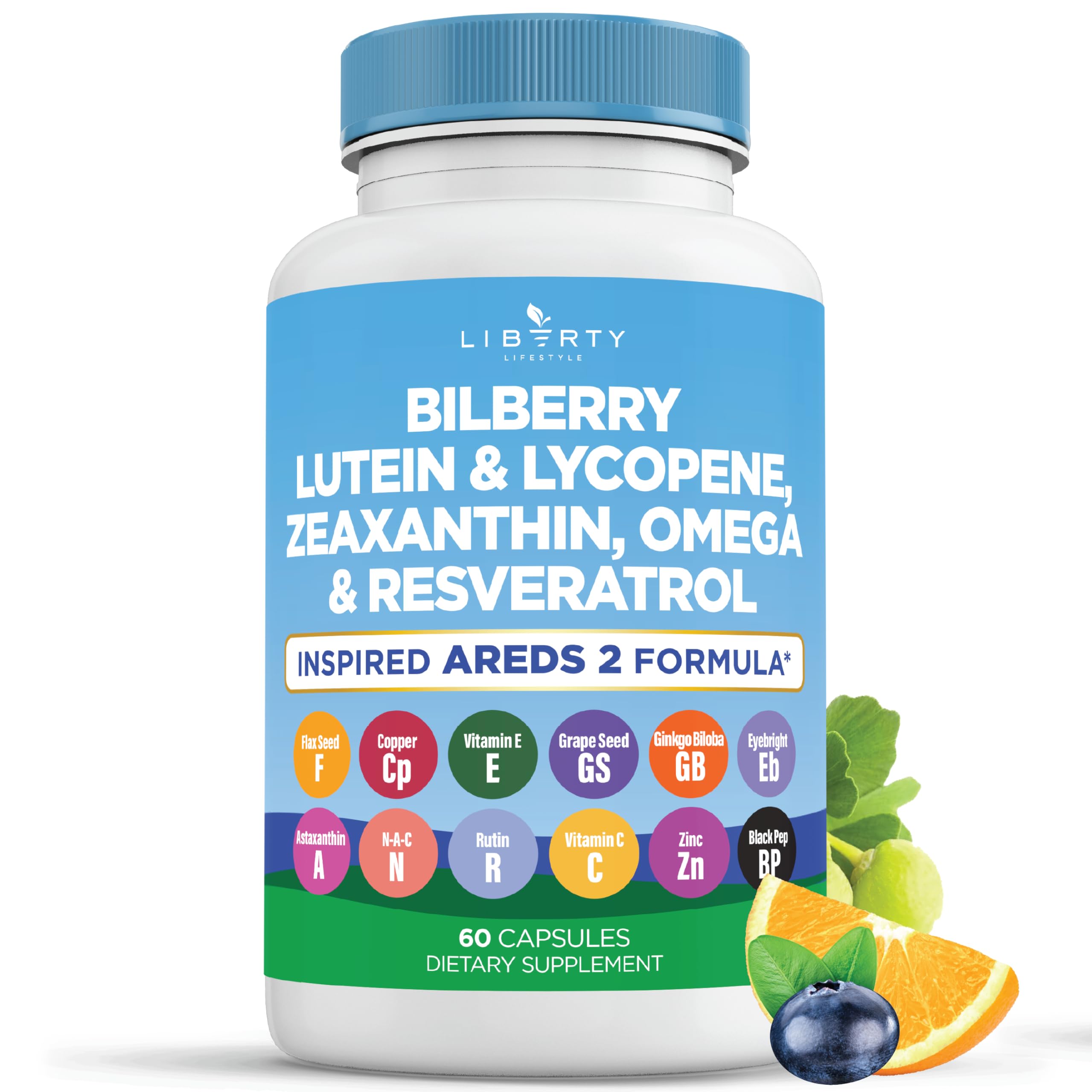 Liberty Lifestyle Eye Health Vitamins with Bilberry, Lutein & Zeaxanthin, Lycopene, Resveratrol, Grape Seed Extract Flaxseed Astaxanthin- AREDS 2-180 Capsules