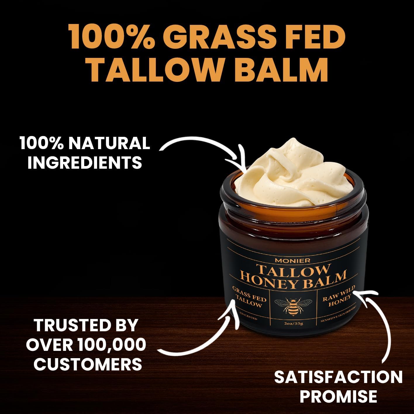 MONIER Beef Tallow and Honey Balm for Skin and Face – Moisturizer | 100%Organic Grass-Fed Beef Tallow & Raw Wild Honey, Natural Formula For Dry & Sensitive Skin, 2oz, Unscented