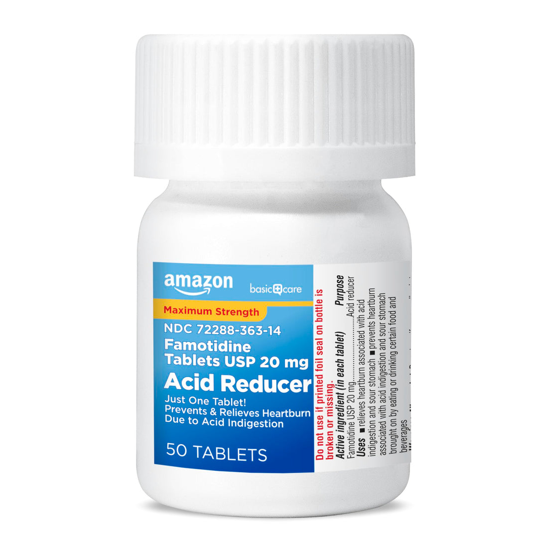 Amazon Basic Care Famotidine Tablets USP 20 mg Acid Reducer packaging on a white background