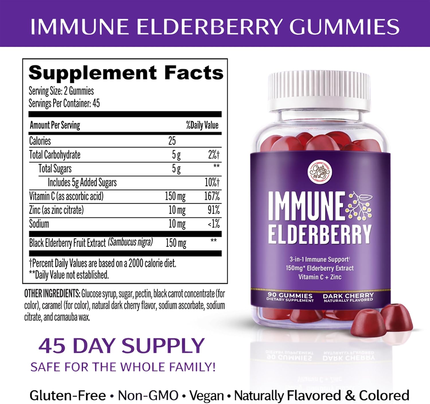 Grab The Gold Immunity Gummies Elderberry Vitamin C Zinc 90 Count