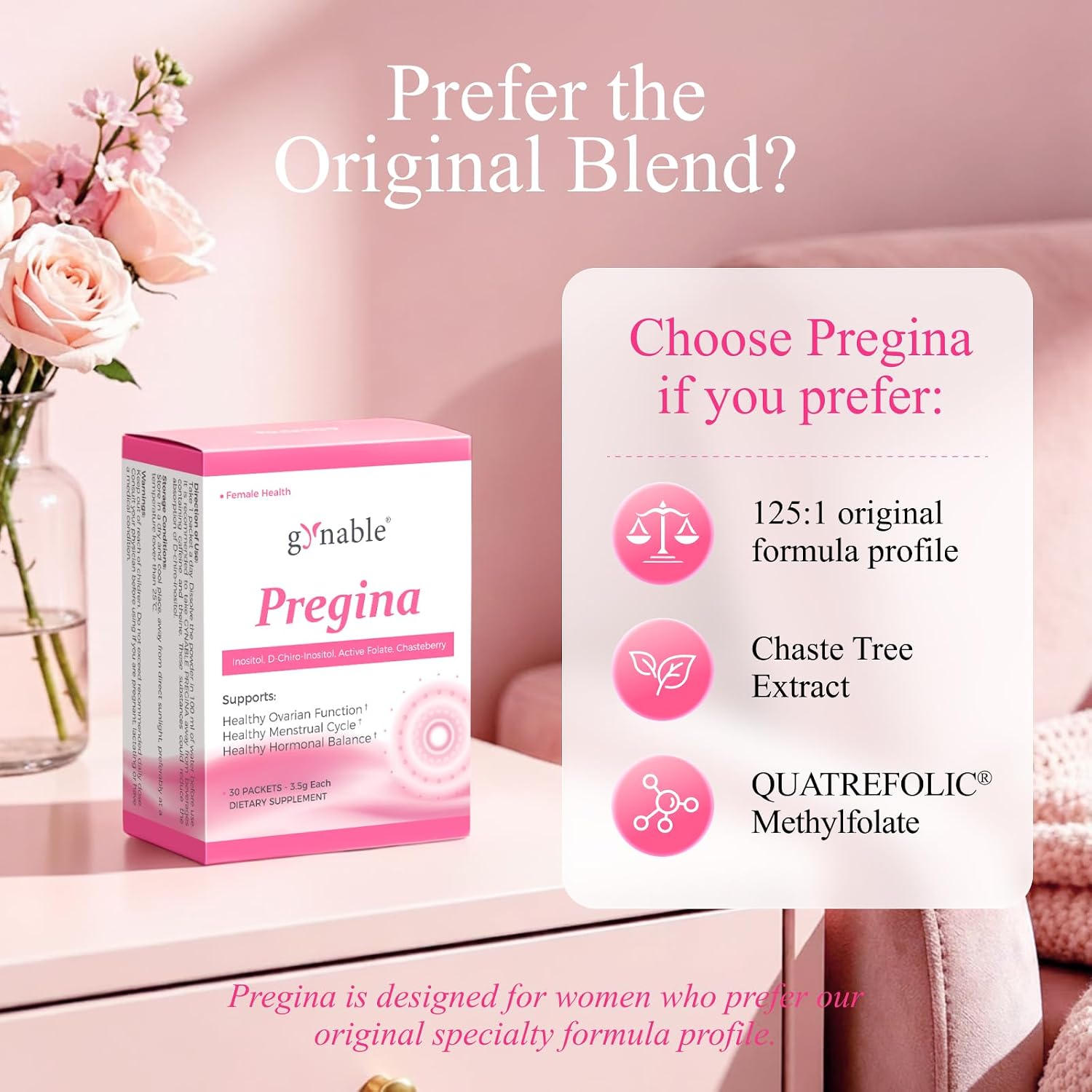 Gynable Pregina Myo-Inositol & D-Chiro Inositol for Women - Original 125:1 Formula, Hormonal Balance & Cycle Wellness, with Chaste Tree & Methylfolate, Powder Sachets, 30 Servings