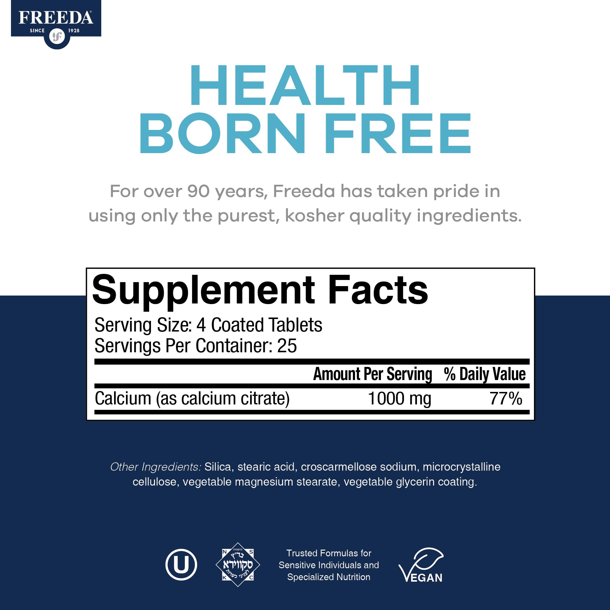 FREEDA Calcium Citrate 1000mg Supplement for Bone Support – 250 Tablets | Supports Bone Strength, Teeth, & Muscle Function – Highly Absorbable Calcium Formula – No Vit D, Vegan, Kosher, Made in USA