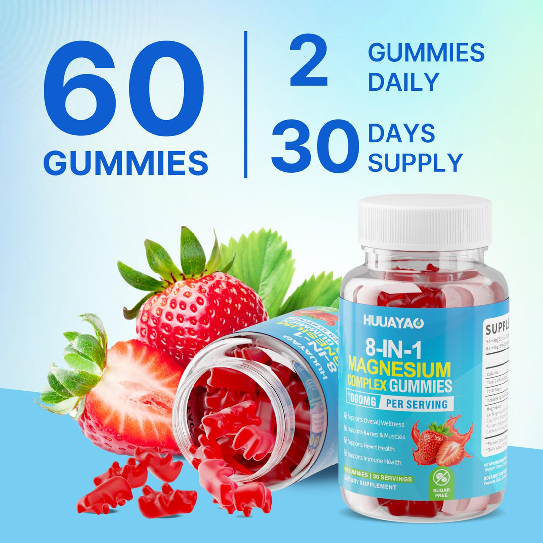 Two bottles of HUJAYAO 8-IN-1 Magnesium Complex Gummies with strawberry illustration on a white background.