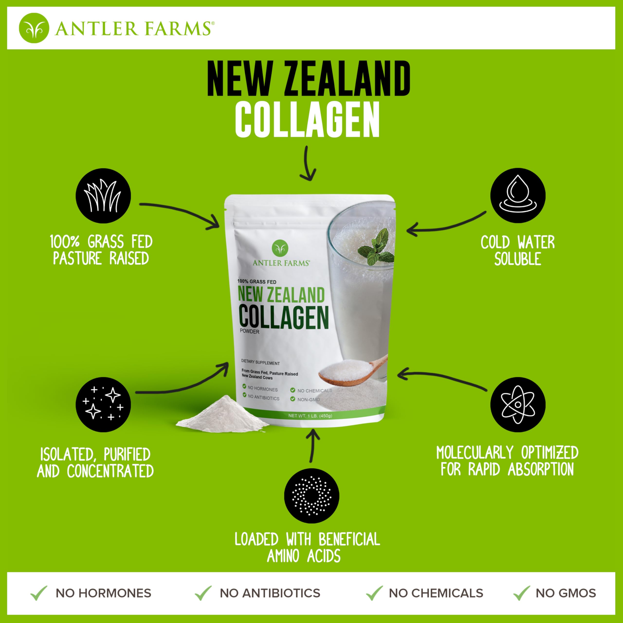 Antler Farms - 100% Pure New Zealand Collagen Powder from Grass Fed Cows, Unflavored, 1 lb - Hydrolyzed Cold Water Soluble Peptides, Keto Friendly, Bioavailable, Quick Dissolving Antler Farms buy supplements Au