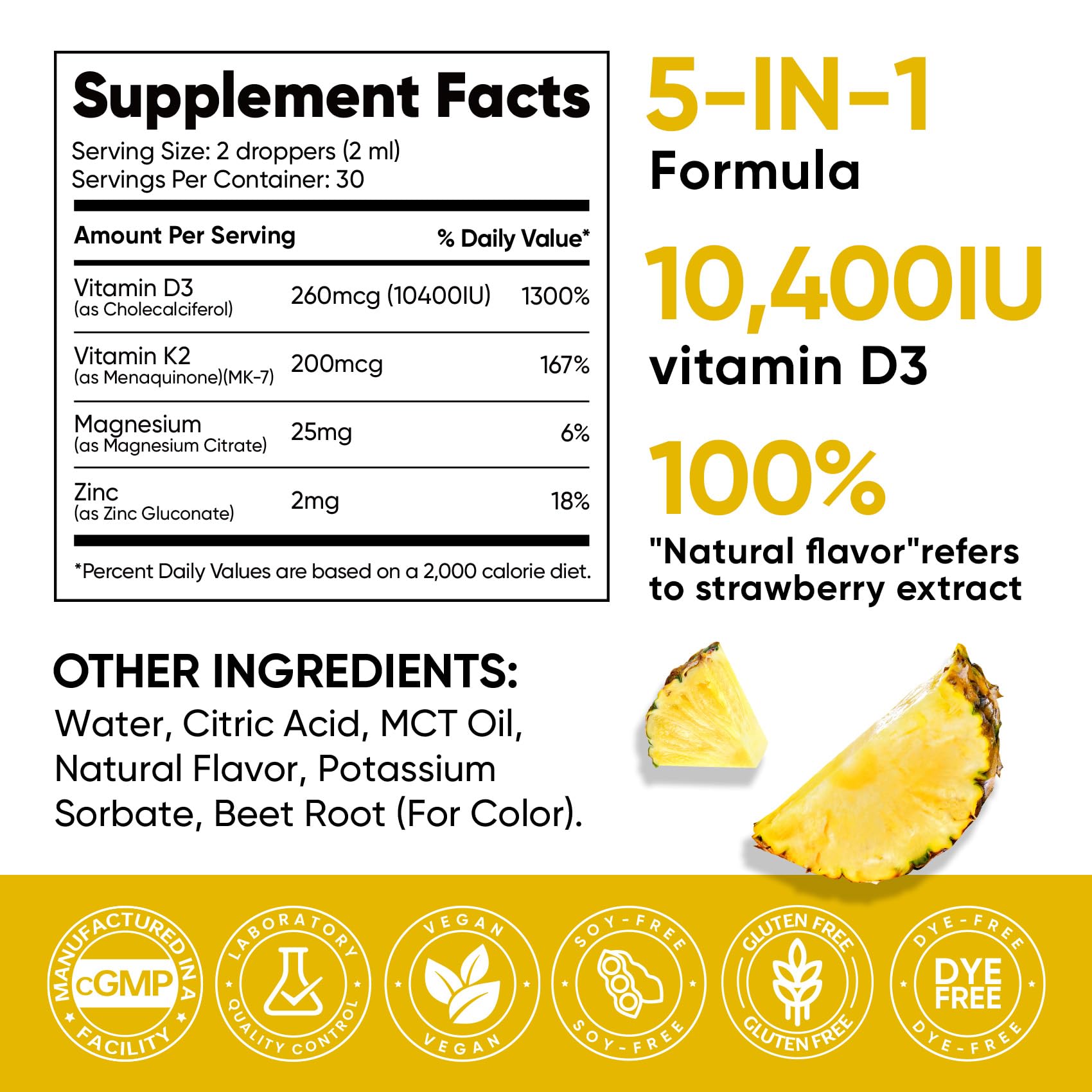 5-in-1 Vitamin D3 K2 Drops, Vitamin D3 10400 IU & K2(MK-7) 200mcg | With Magnesium, MCT Oil, Zinc, Maximum Absorption Vitamin D Liquid for Bone, Mood & Immune - Sugar Free | 2 FL OZ | 60 Days