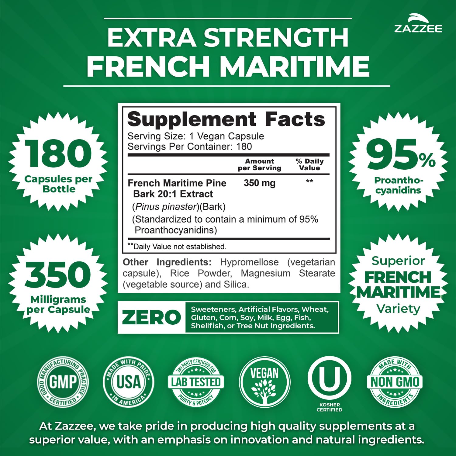 Zazzee Extra Strength French Maritime Pine Bark Extract 20:1, 350 mg Per Capsule, 95% Proanthocyanidins, 180 Vegan Capsules, 6 Month Supply, Certified Kosher, Antioxidant Support, Non-GMO, Made in USA