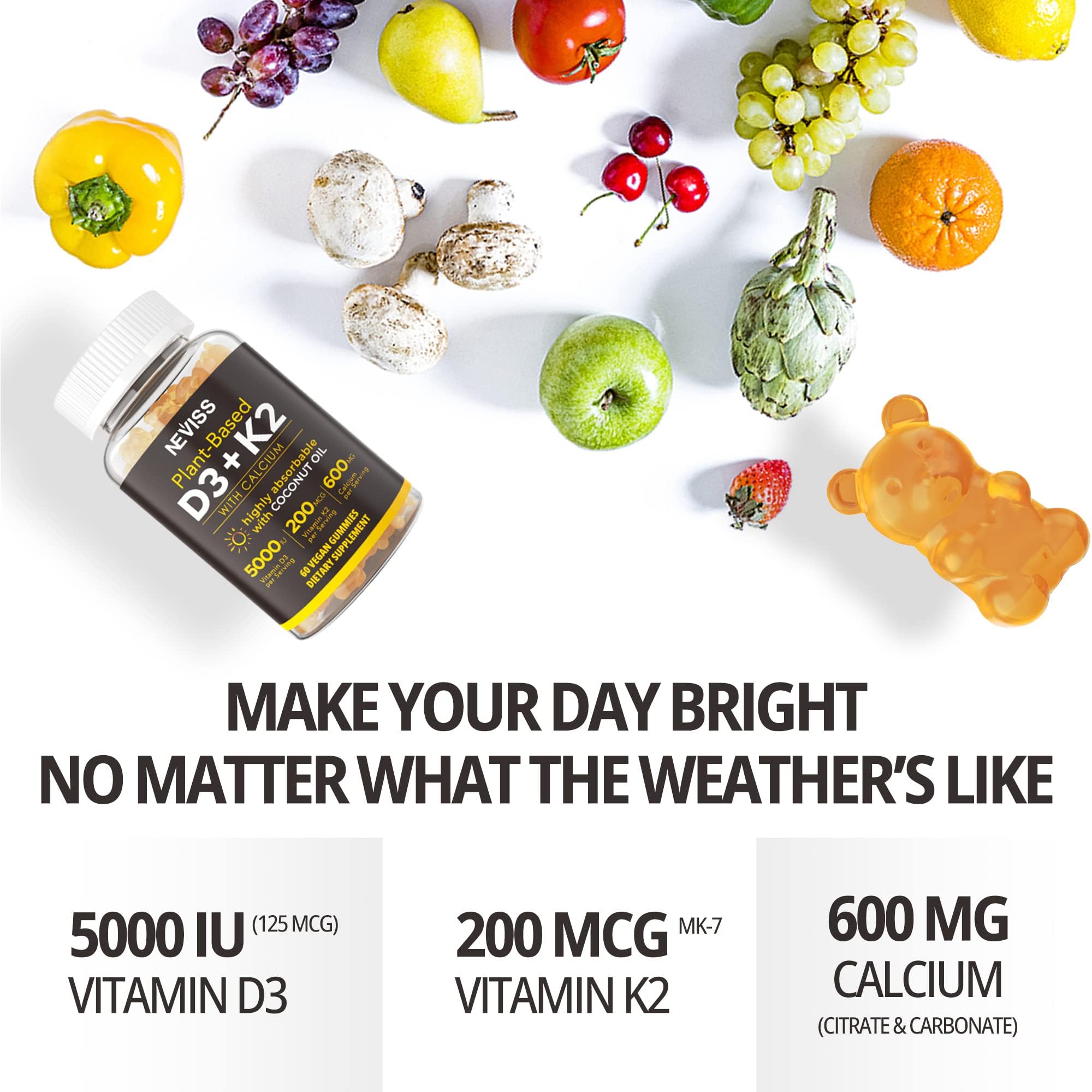 Vitamin D3 K2 Gummies - Vitamin D3 5000iu & K2 Vitamin 200mcg + Calcium 600mg for Adults & GLP-1 Friendly, with Coconut Oil for High Absorption, Support for Bone Muscle Teeth Immune, Vegan 120Count
