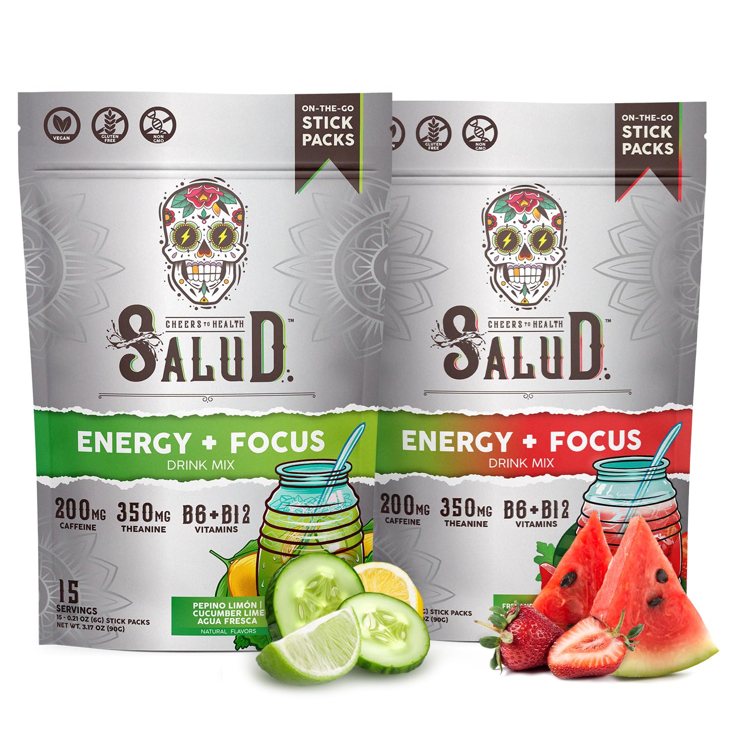 Salud 2-Pack |2-in-1 Energy + Focus (Cucumber Lime) & Energy + Focus (Strawberry Watermelon) – 15 Servings Each, Agua Fresca Drink Mix, Non-GMO, Gluten Free, Vegan, Low Calorie, 1g of Sugar