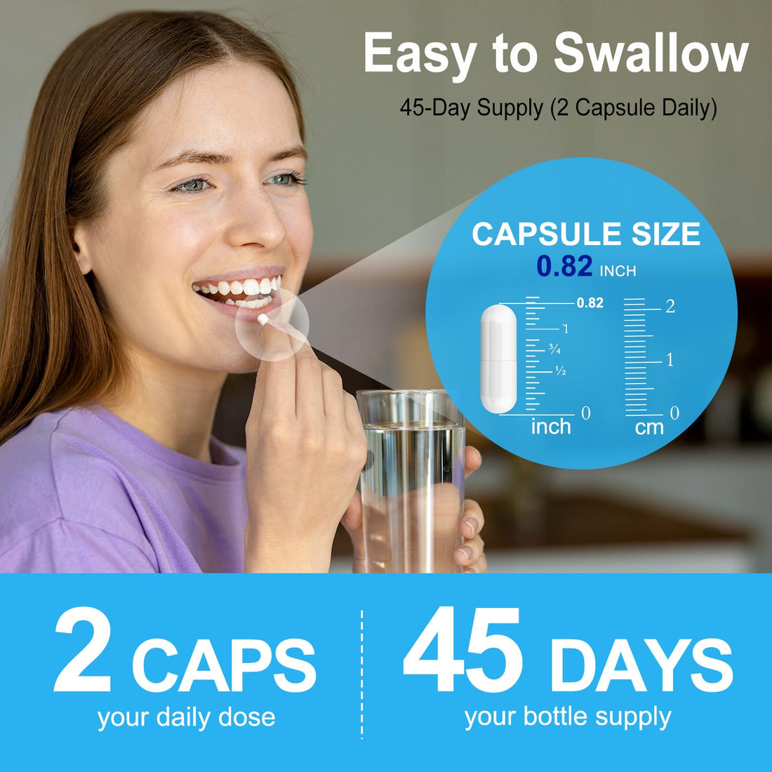 Supplement package for magnesium complex with blue label, white capsules, and fruits on a white background