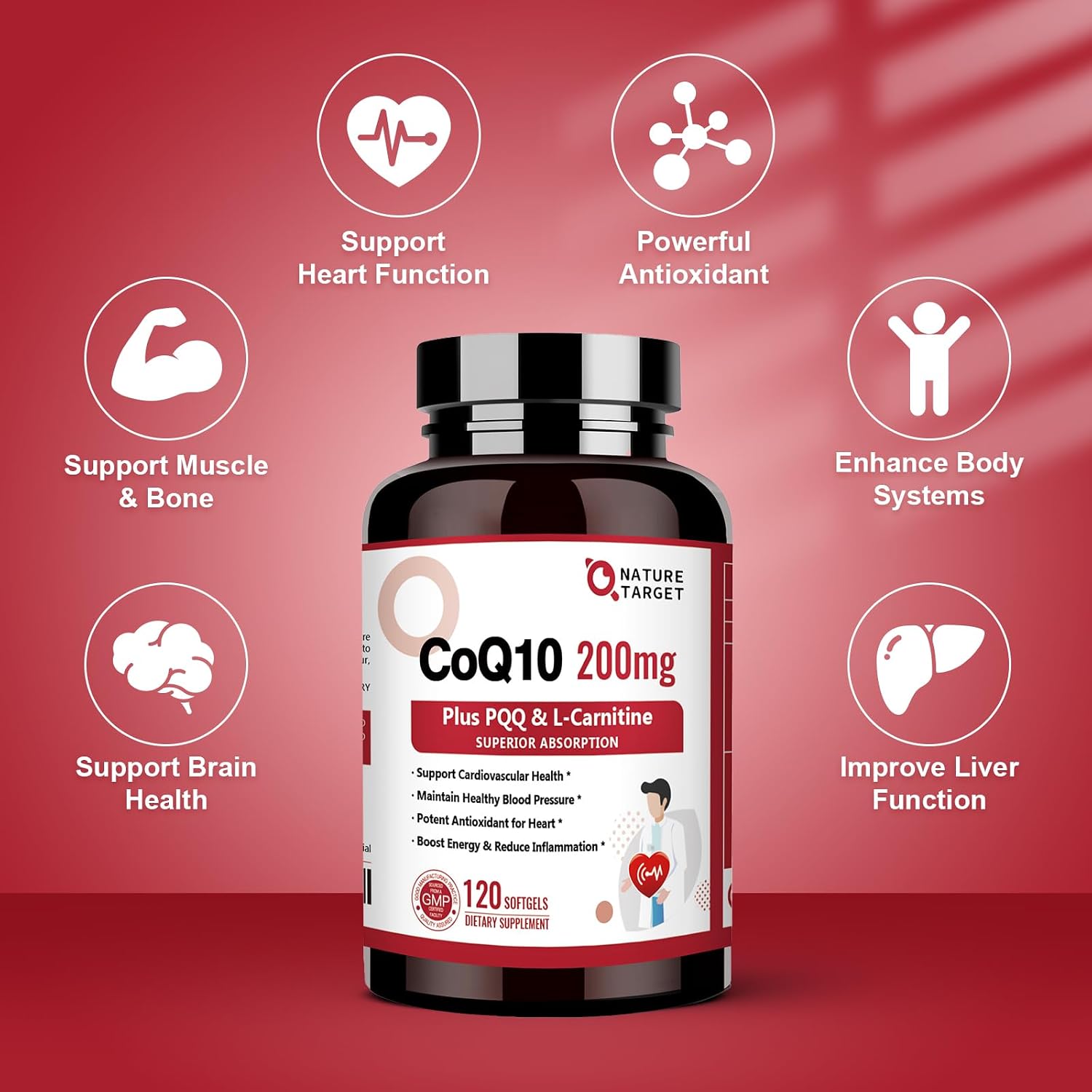 NATURE TARGET CoQ10 200mg with PQQ, L-Carnitine and Omega-3s, 120 Softgels | High-Absorption Coenzyme Q10 with BioPerine Supports Heart, Immune Health and Cellular Energy Production