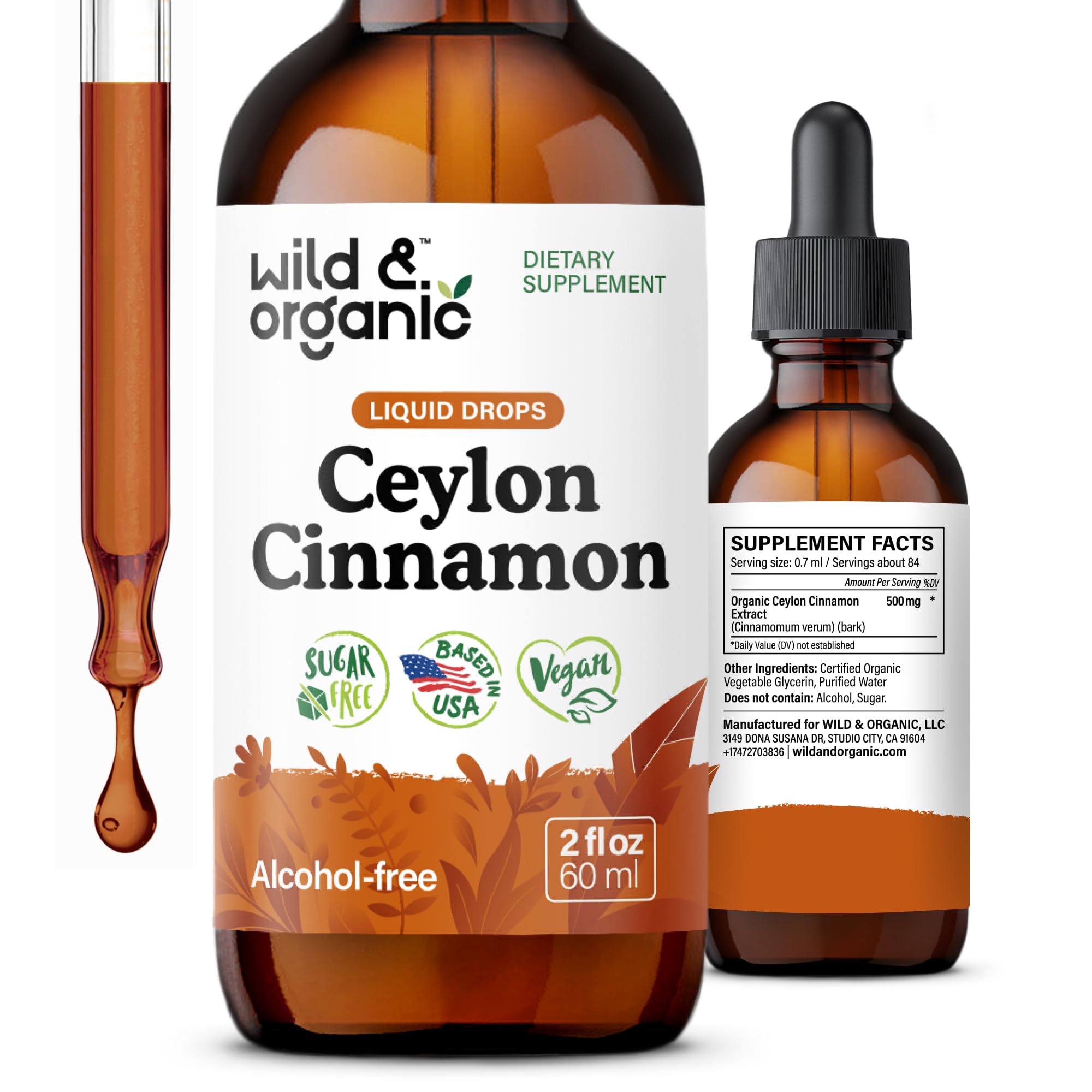 Wild & Organic Ceylon Cinnamon Supplements 500mg - Antioxidant Support - Ceylon Cinnamon Drops - Add to Tea Liquid Extract - Cinnamomum Verum Bark - Unflavored, Sugar & Alcohol-Free Tincture - 4 fl oz