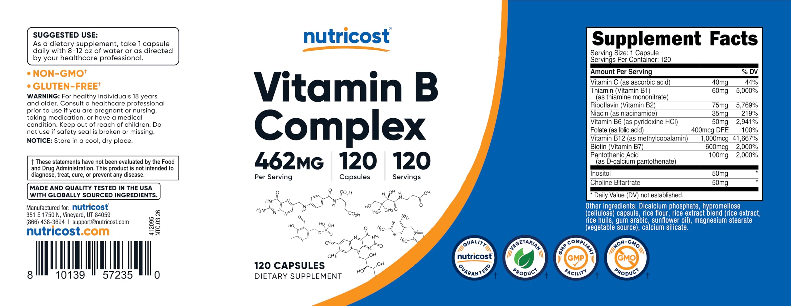 Nutricost High Potency Vitamin B Complex 462mg, 120 Capsules - with Vitamin C - Energy Complex