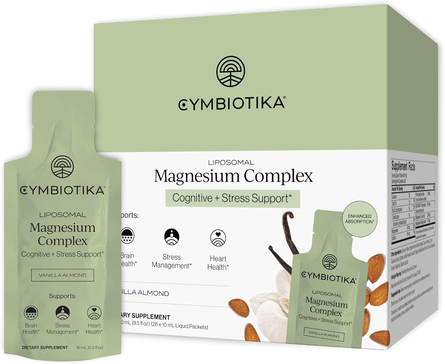 CYMBIOTIKA Liposomal Magnesium Complex for Sleep, Calm, Relax & Recovery | 3 forms: taurate, bisglycinate & glycerophosphate. Highly absorbable, stomach-friendly. Vanilla Almond, 28 pouches. Vegan.