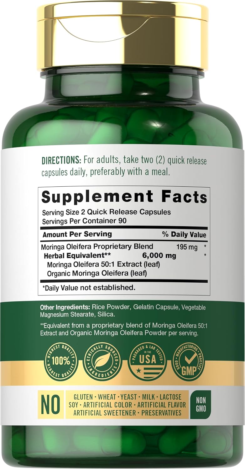 Carlyle Moringa Oleifera Supplement | 180 Capsules | Complete Green Superfood for Women and Men | From Moringa Leaf Powder | Non-GMO and Gluten Free