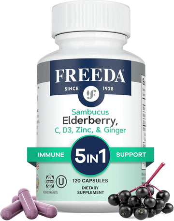 FREEDA Sambucus Elderberry Capsules - 5-in-1 Immune Support - 120 Count | Herbal Antioxidant Supplement with Vitamin C, Zinc, Vitamin D3 & Ginger for Adults - Gluten-Free - Made In USA