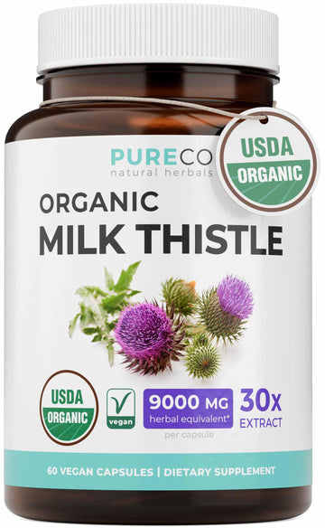 USDA Organic Milk Thistle Capsules - 80% Silymarin Supplement for Liver Support- Super Concentrated 300mg of 30:1 Milk Thistle Extract Equivalent to 9,000mg - Milk Thistle Liver Detox 60 Day Supply