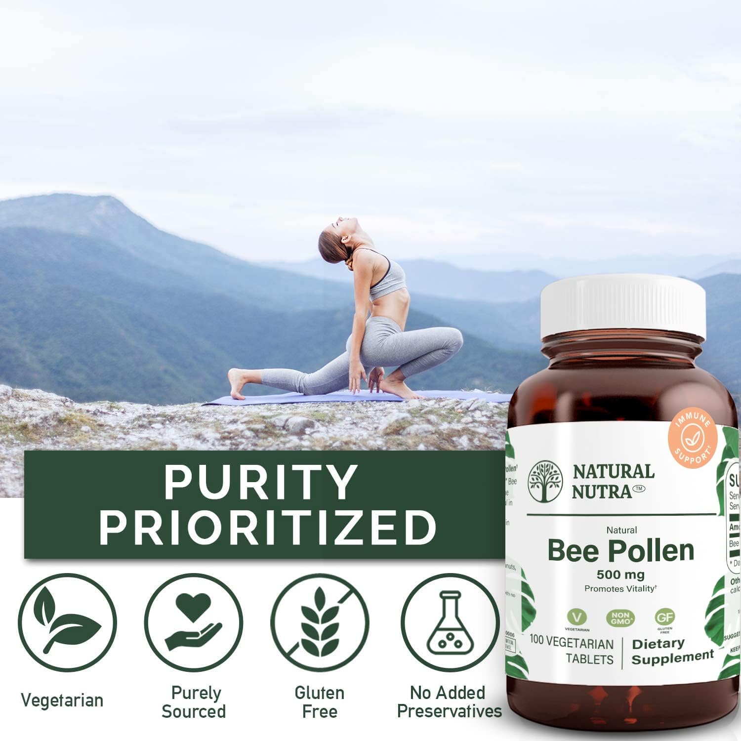 Natural Nutra Bee Pollen 500 mg, Helps Promote Vitality and Immune System, Improve Overall Health, Helps Improve Body Stamina, 100 Tablets