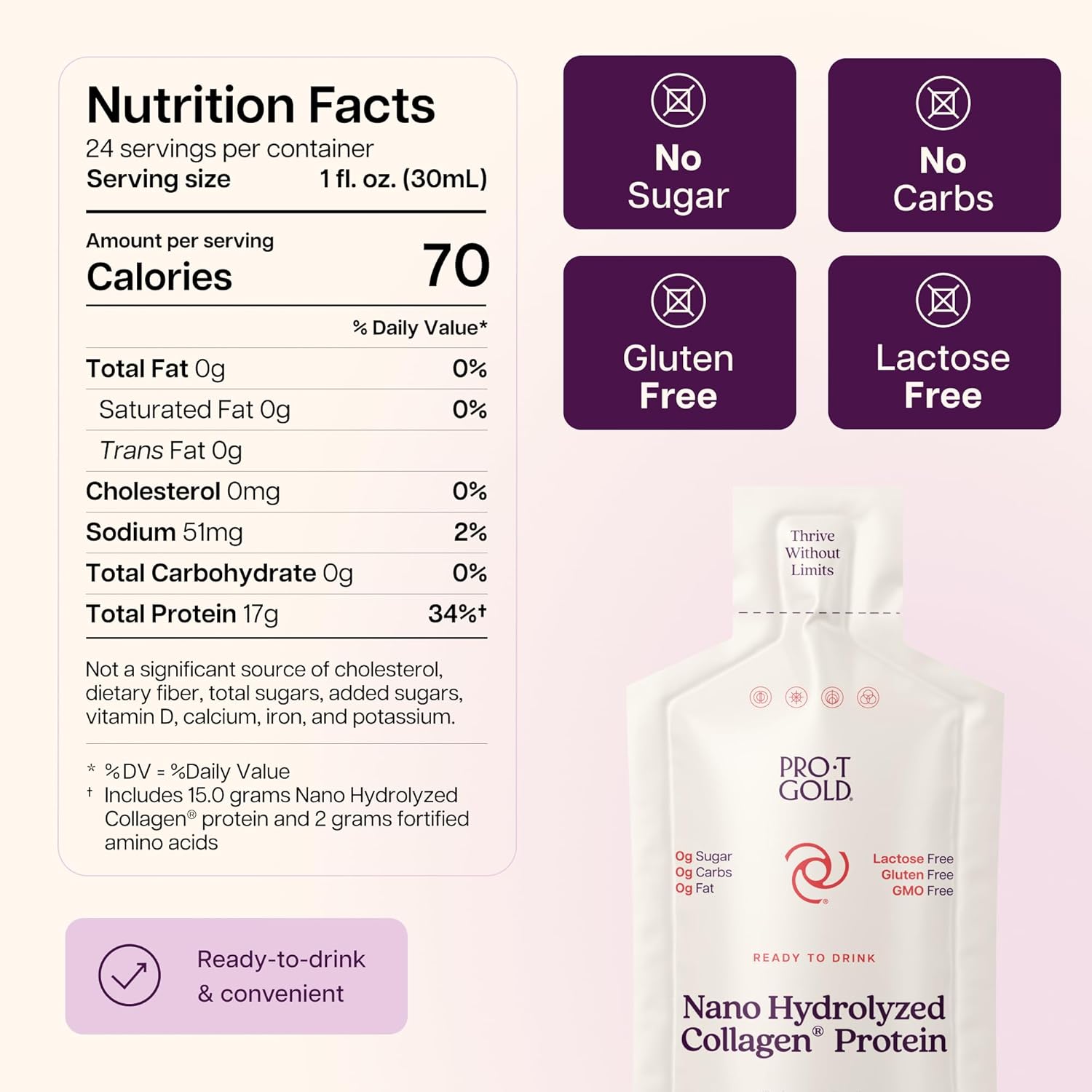 Liquid Collagen Protein Shot, Berry, 17g Protein, 24 pk | Nano Hydrolyzed Grass Fed Collagen, 0g Carbs, Hair, Skin & Nails, Amino Acids, Sugar Free, Gluten Free, 1 fl oz Shots