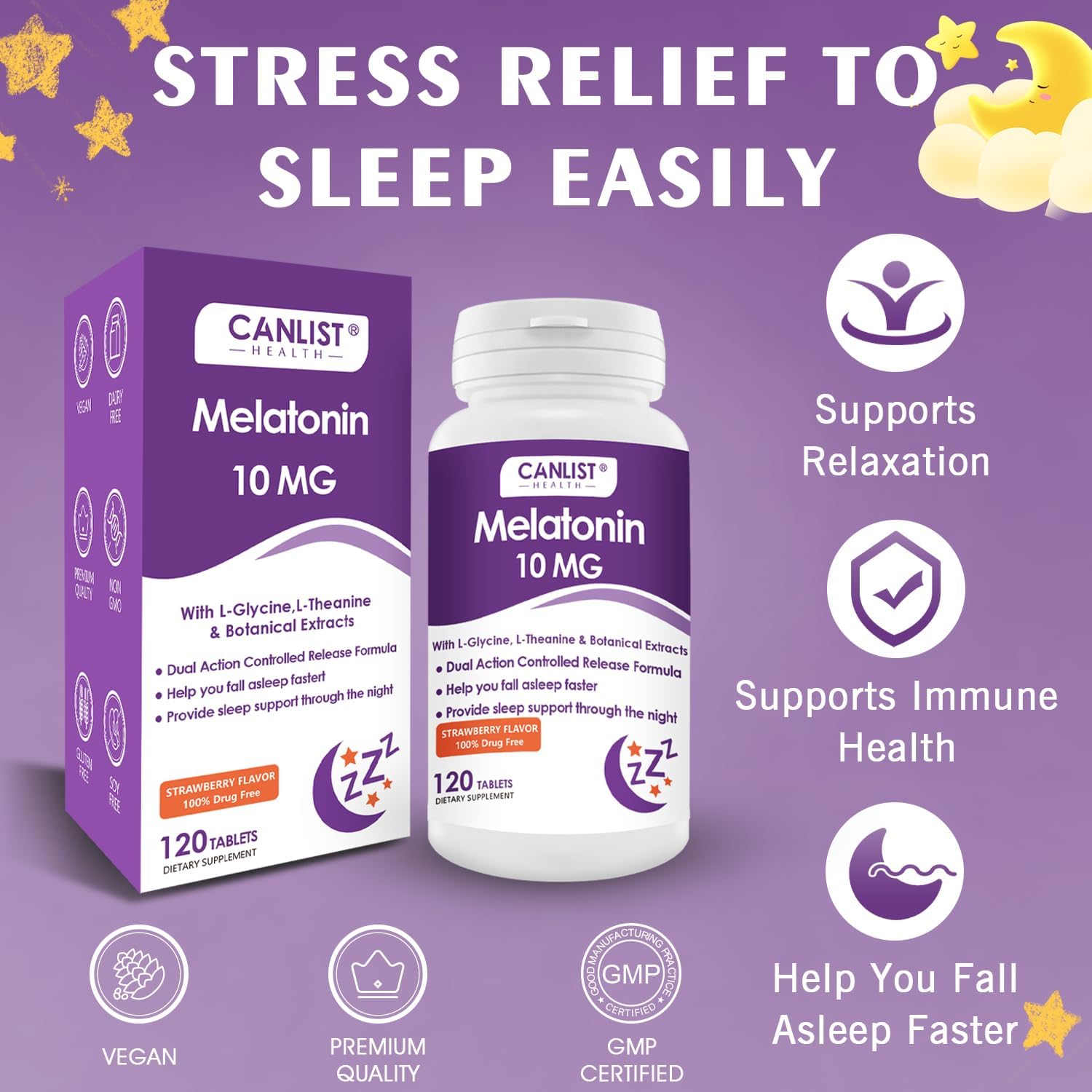 CANLIST Extra Strength Melatonin 10mg Tablets, Sleep Support, Fall Asleep Faster, Non-Habit Forming Sleep Aids for Adults, Sleep Cycle Regulation, Vegan, Non-GMO & Gluten-Free, 120 Tablets