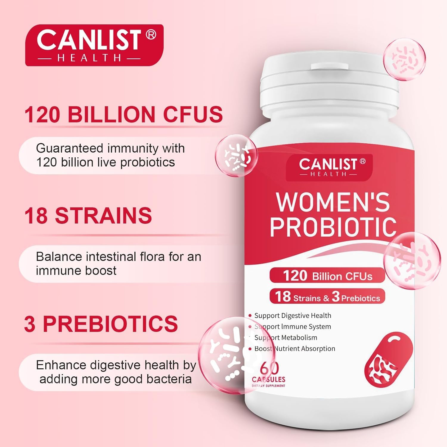 CANLIST Women's Probiotics 120 Billion CFUs 18 Strains 3 Prebiotics & Digestive Enzymes Contains Organic Prebiotic Cranberry Women's Health Digestive & Immune Support Non-GMO, 60 Capsules