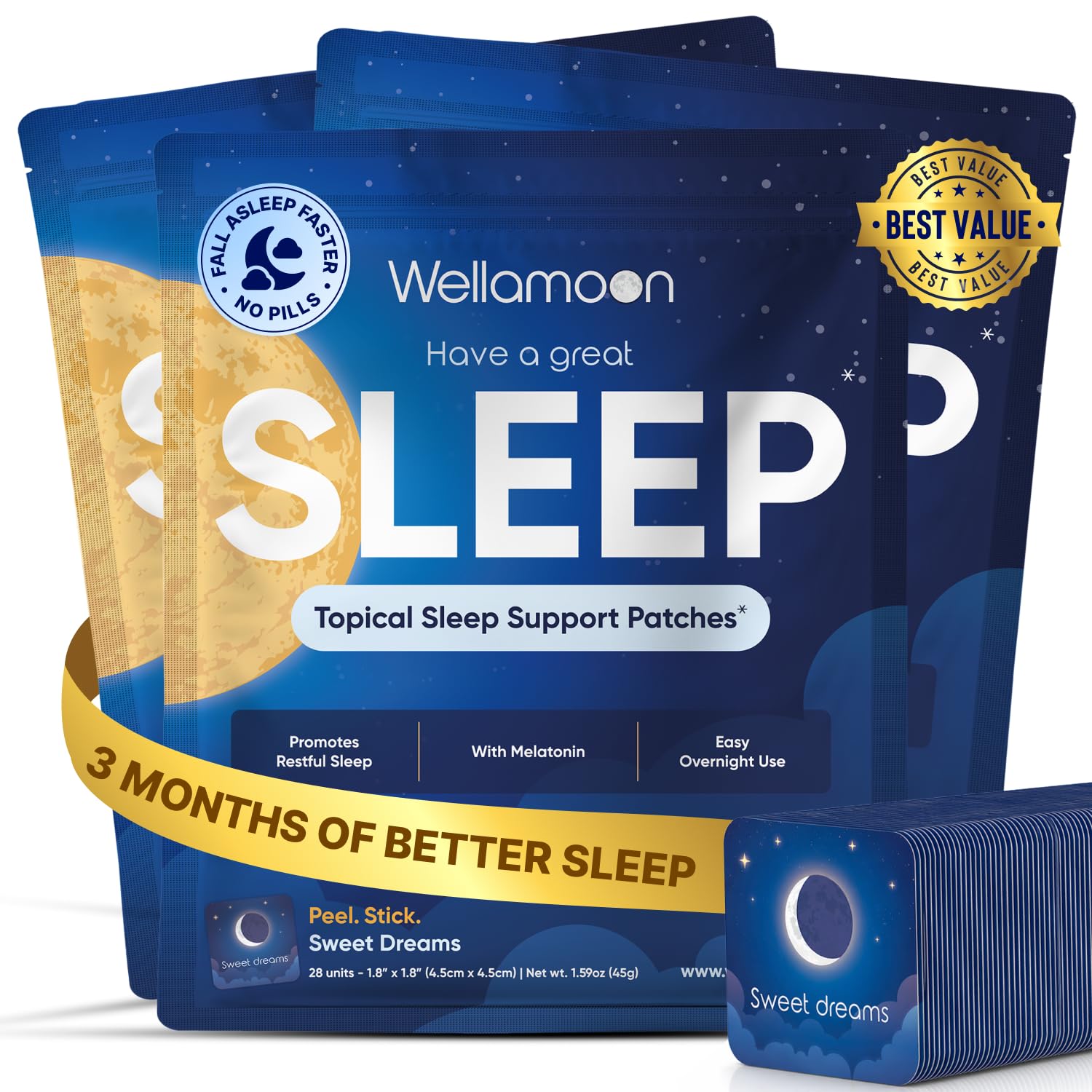 Wellamoon Original Sleep Patches for Adults Extra Strength | Easy-to-Apply Sleep Patch with Melatonin & Valerian | Relax & Wake Up Refreshed | Long-Lasting Night Comfort for Men & Women | 28 Patches