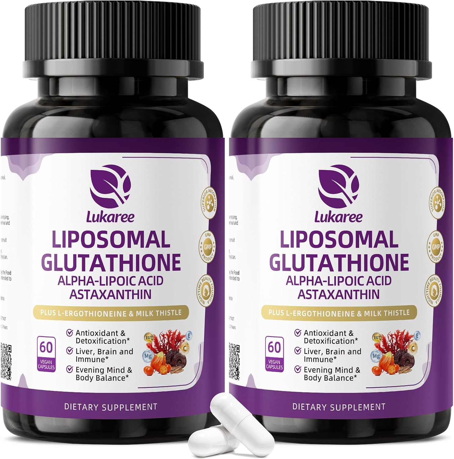 Liposomal Glutathione 1158mg with Astaxanthin for Skin Health 60*2 Vegan CT | 15-in-1 with Milk Thistle, Alpha Lipoic Acid, Antioxidant Complex for Nighttime Skin Radiance, Cellular Health & Liver Detox