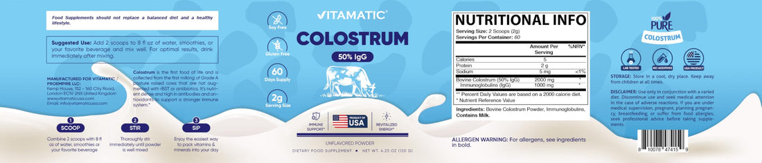 Vitamatic Bovine Colostrum Powder - 50% Highest IgG -120 Gram - Supplement for Gut Health, Hair Growth, Beauty, Muscle Recovery, & Immune Support - Easy to Mix - Unflavored - 60 Servings VitamaticBuy Supplements Australia
