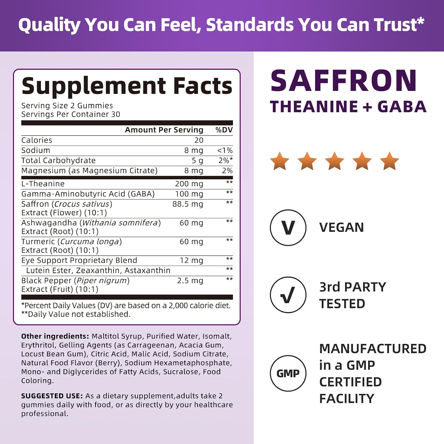 Saffron Gummies 88.5mg with L-Theanine 200mg, GABA for Mood, Focus & Vision | 10-in-1 Supplements for Adults with Ashwagandha, Eye Support Blend, GMP Certified, Sugar Free, Vegan, 60 Day Supply