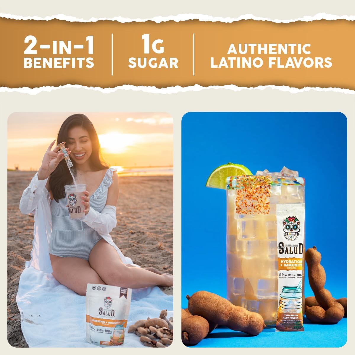 Salud 2-Pack | 2-in-1 Hydration + Immunity (Tamarindo) & Hydration + Immunity (Lemonade)– 15 Servings Each, Agua Fresca Drink Mix, Non-GMO, Gluten Free, Vegan, Low Calorie, 1g of Sugar
