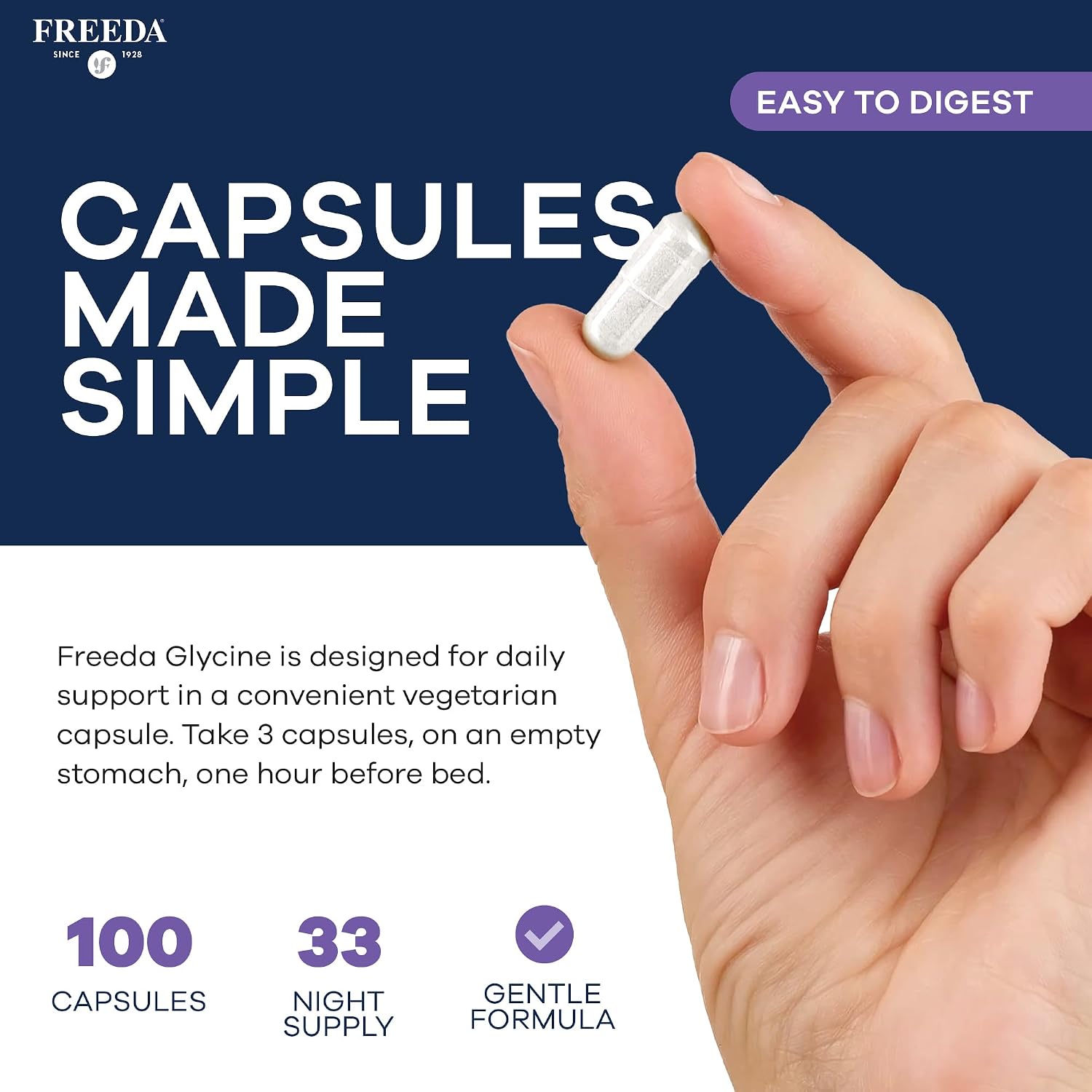FREEDA Pure Glycine 1800mg Amino Acid Supplement – 100 Capsules | Supports Relaxation, Sleep Quality & Recovery with Pure L-Glycine - Vegan, Kosher, and Gluten-Free Formula