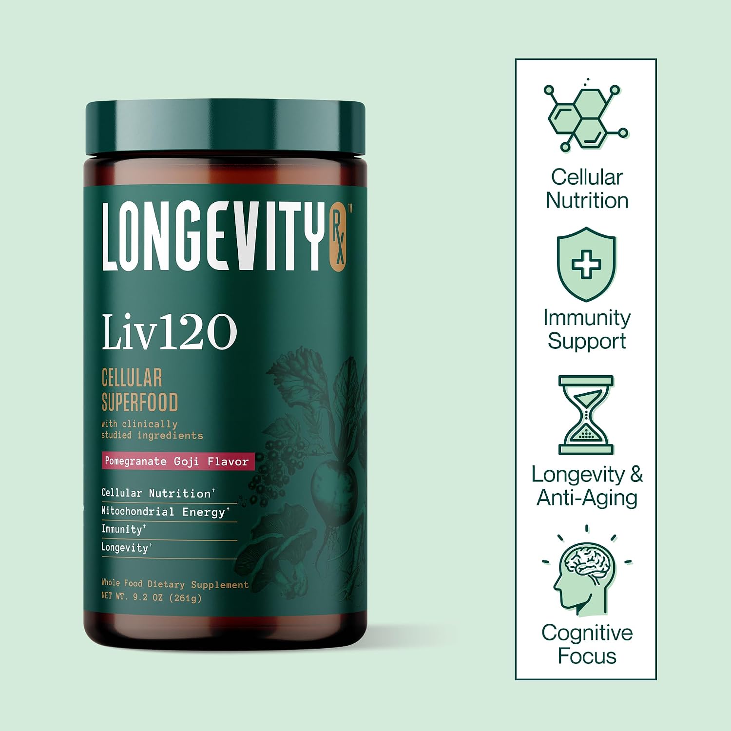 Liv120 Superfood Powder, Antioxidant Blend with Pomegranate, Turmeric, Mulberry, Soursop, Noni, Non-GMO, Vegan, for Energy, Detox, Immunity