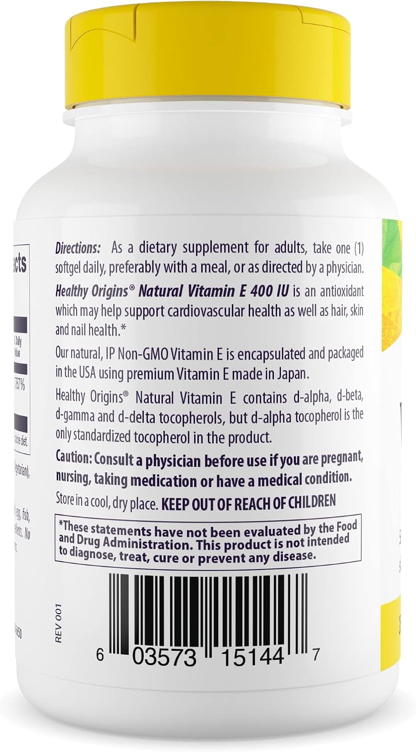 Healthy Origins Vitamin E 400 IU, Natural Mixed Tocopherols, 90 Softgels