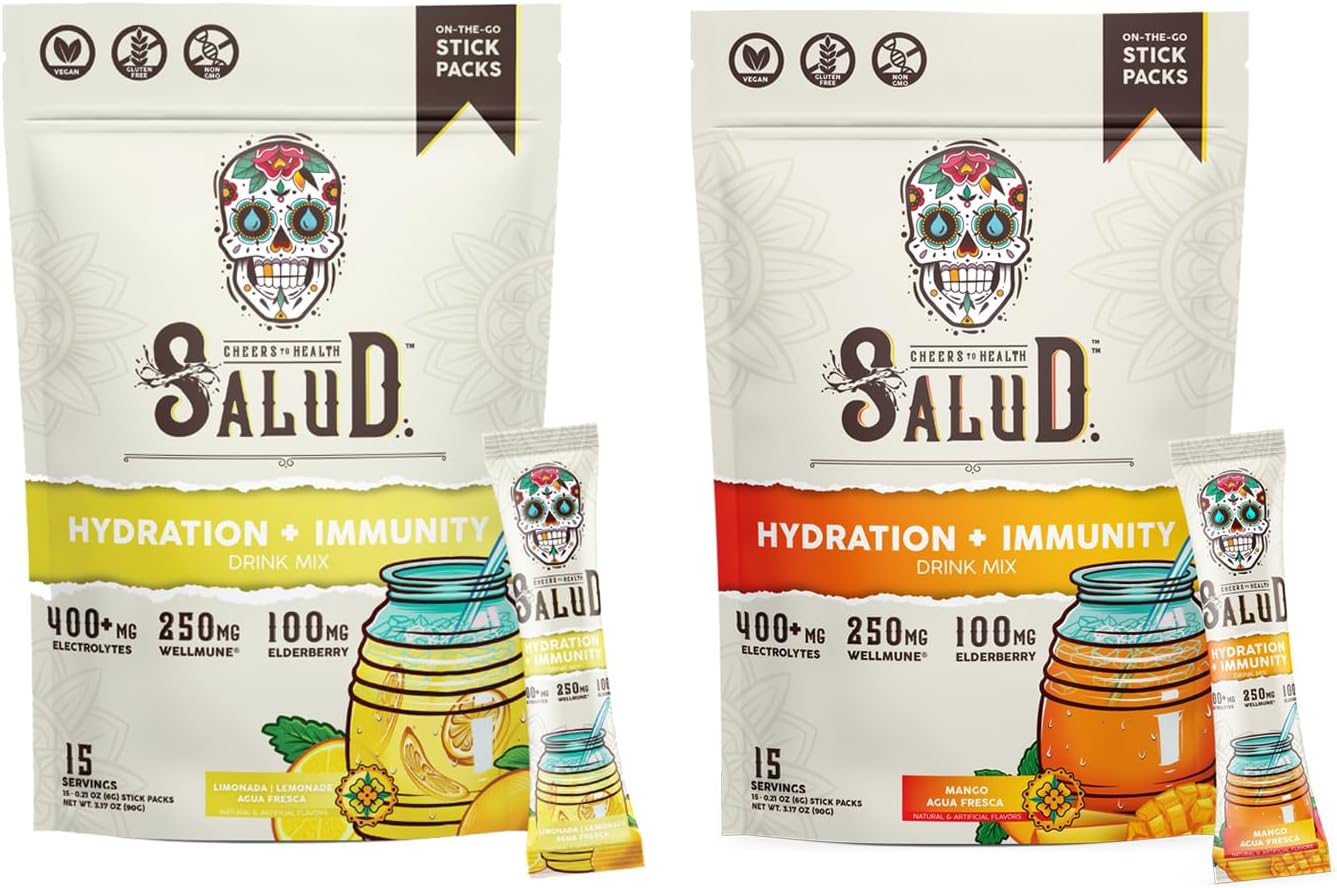 Salud 2-Pack | 2-in-1 Hydration + Immunity (Lemonade) & Hydration + Immunity (Mango) – 15 Servings Each, Agua Fresca Drink Mix, Non-GMO, Gluten Free, Vegan, Low Calorie, 1g of Sugar