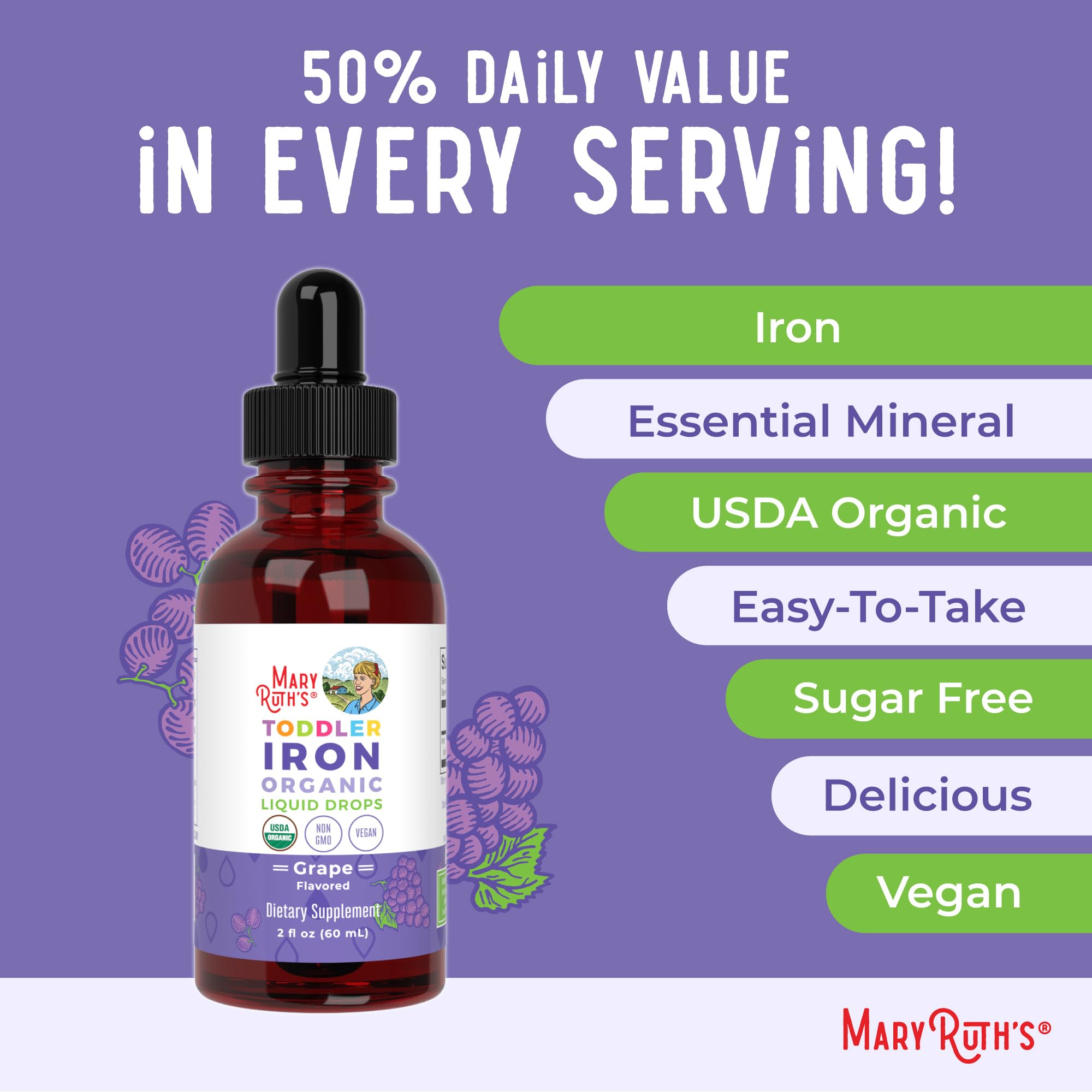 MaryRuth's Iron Supplement for Toddlers | Liquid Iron Supplement for Children Ages 1-3 | Iron Supplement for Iron Deficiency | Ferrochel | Sugar Free | Vegan | Non-GMO | Gluten Free | 2 Fl Oz