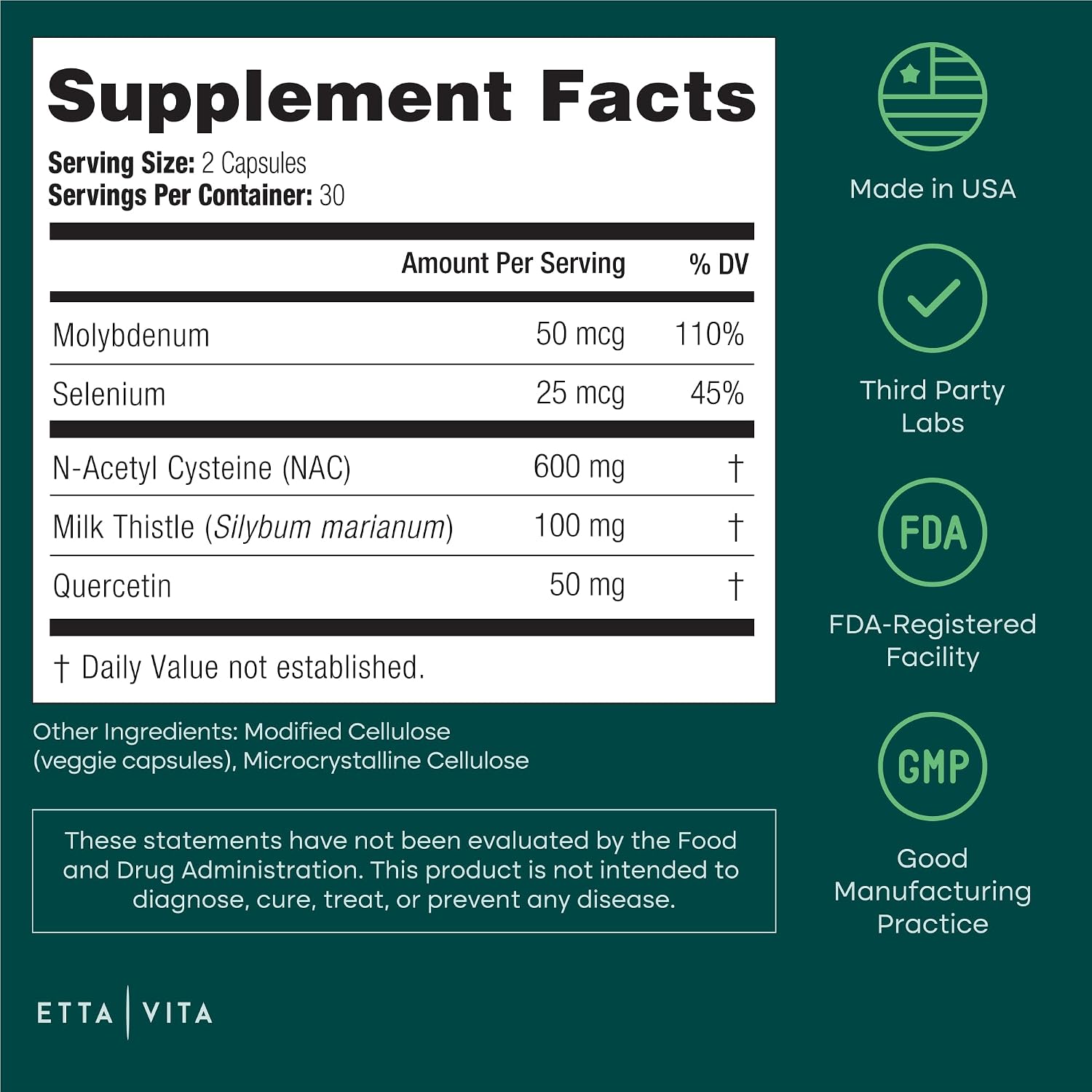 Etta Vita Vegan Liver Detox & Cleanse - NAC Supplement N-Acetyl Cysteine 600mg with Quercetin, Milk Thistle, Molybdenum & Selenium, N-Acetyl-Cysteine Capsules for Immune Support & Respiratory