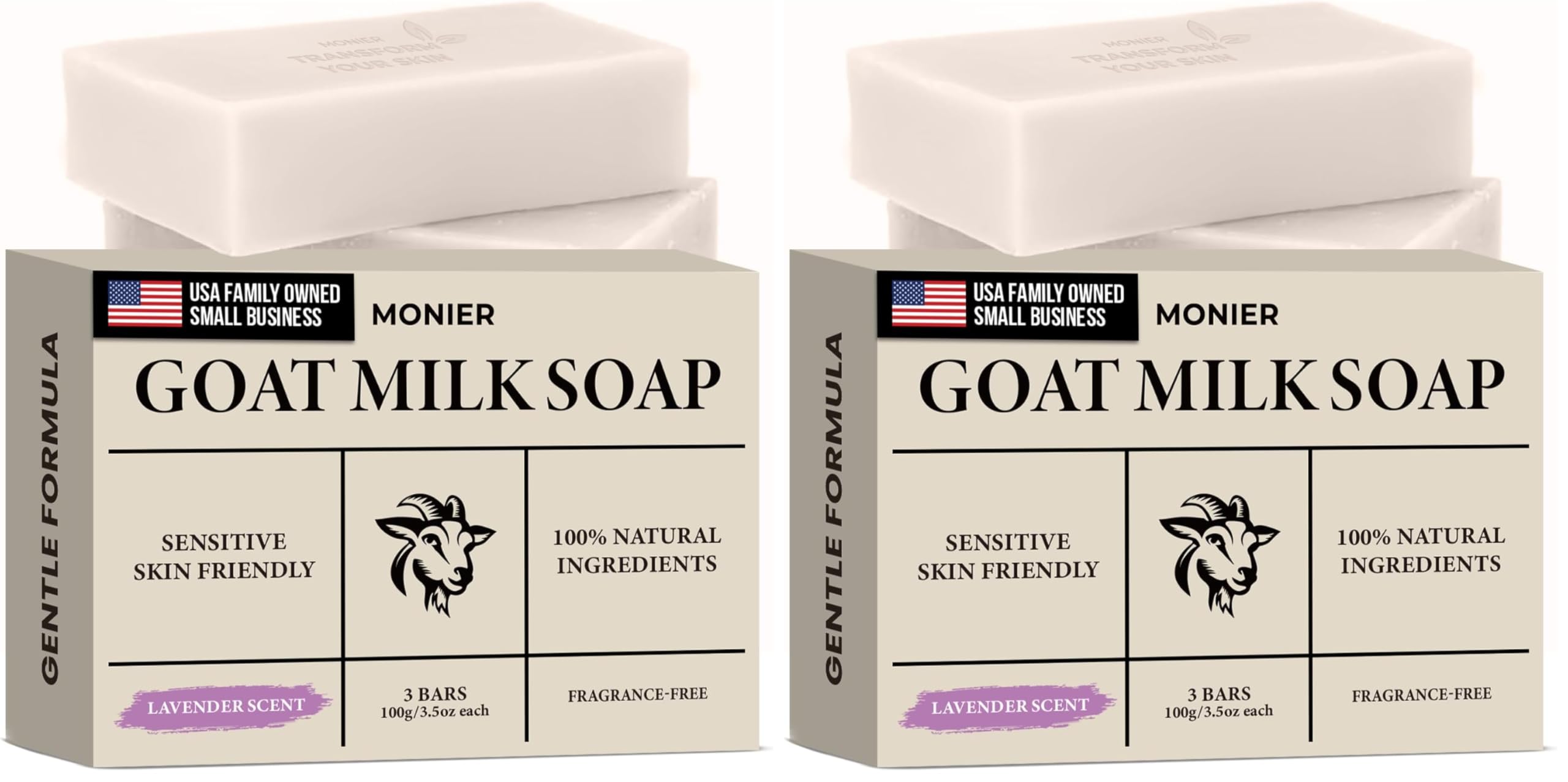MONIER Goat Milk Soap Bar For Dry & Sensitive Skin - 100% Natural & Organic | Skin Care, Enriched With Shea Butter, Use On Face, Body & Hands, For Men, Women, Kids & Baby (Lavender, 3 Pack)