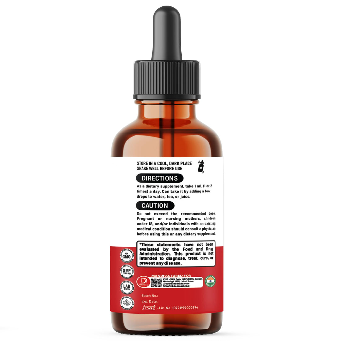 Dedica dietary supplement bottle with dropper and label on a white background