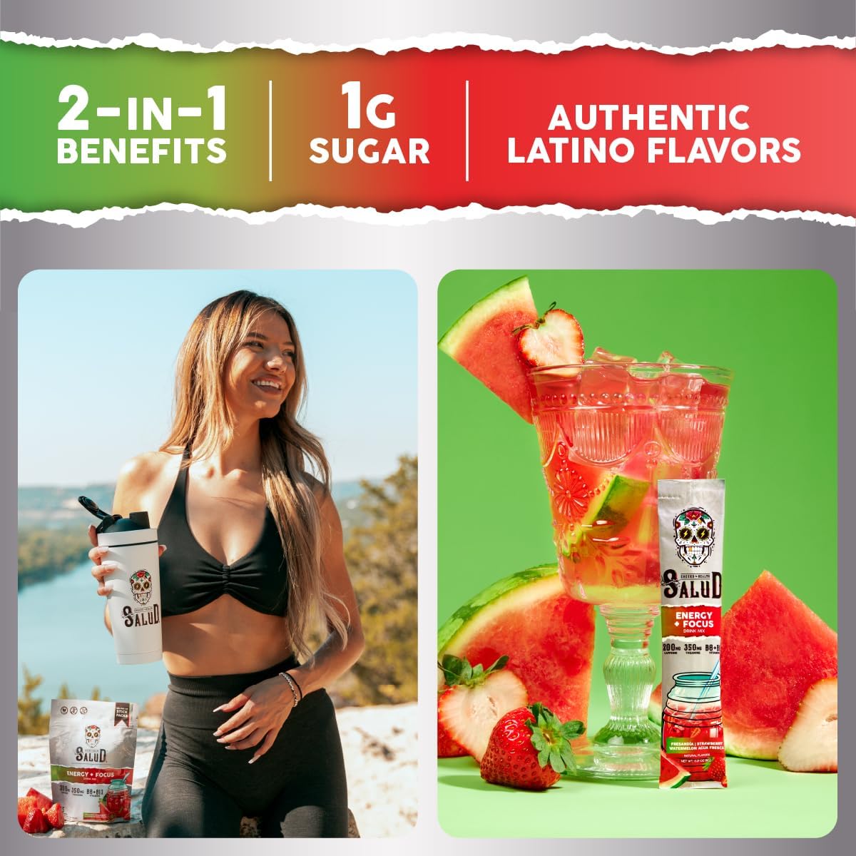 Salud 2-Pack |2-in-1 Energy + Focus (Strawberry Watermelon) & Hydration + Immunity (Cucumber Lime) – 15 Servings Each, Agua Fresca Drink Mix, Non-GMO, Gluten Free, Vegan, Low Calorie, 1g of Sugar
