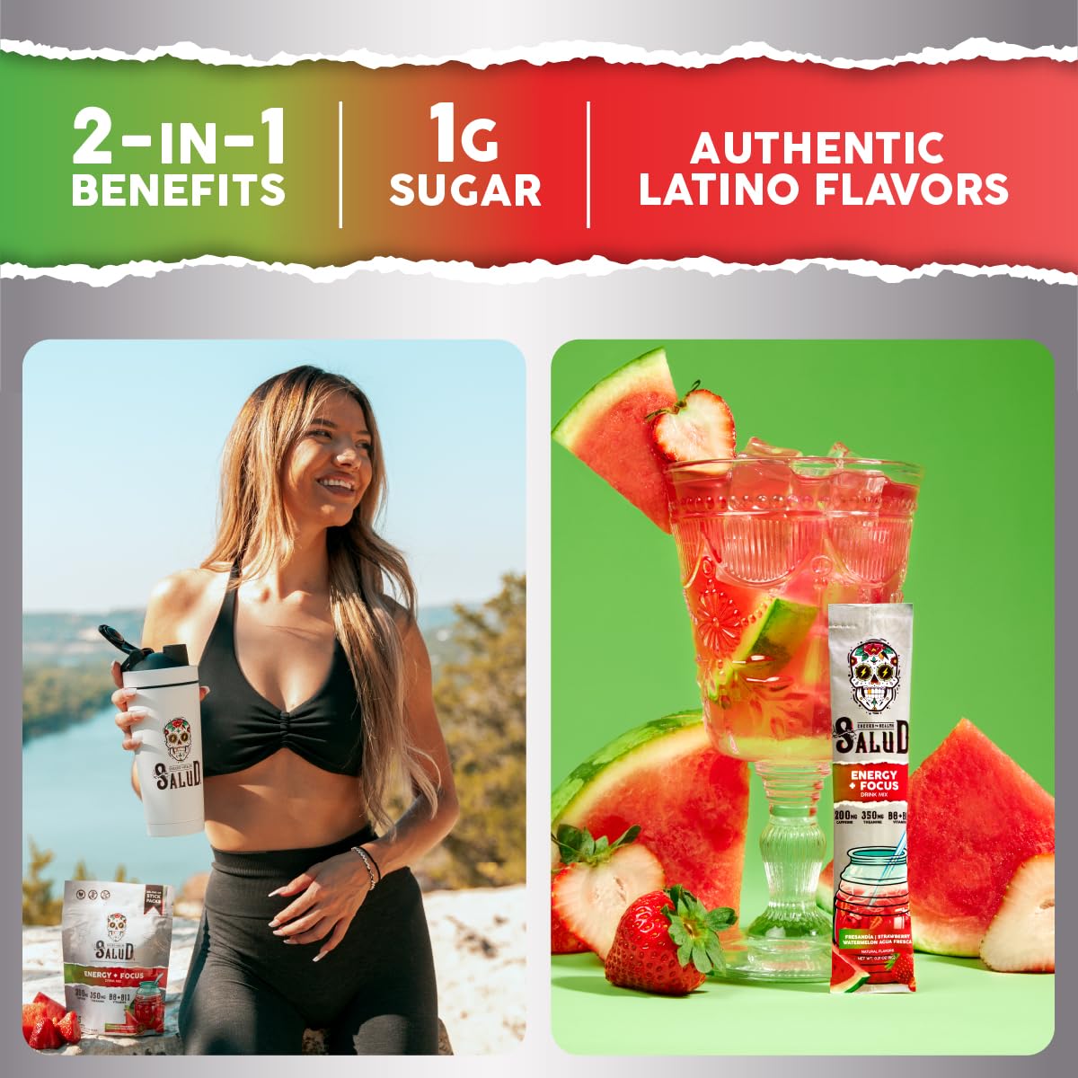Salud 2-Pack |2-in-1 Energy + Focus (Strawberry Watermelon) & Energy + Focus (Guava) – 15 Servings Each, Agua Fresca Drink Mix, Non-GMO, Gluten Free, Vegan, Low Calorie, 1g of Sugar