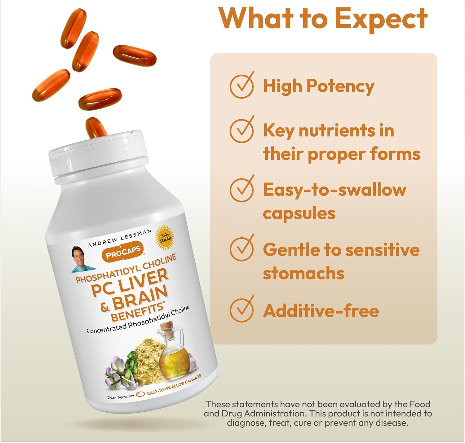 Andrew Lessman ProCaps PC Liver & Brain Benefits 360 Softgels | Phosphatidyl Choline with Ahiflower Oil supports acetylcholine production, memory, focus & healthy liver function.
