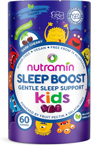 Nutracelle NUTRAMIN Kids Sleep Gummy - Sugar-Free & Vegan - 100% Natural Sleeping Aid with Melatonin Sleep Gummies for Kids - Hypoallergenic, Halal, Kosher, Non GMO, Dark Cherry - 60 Count