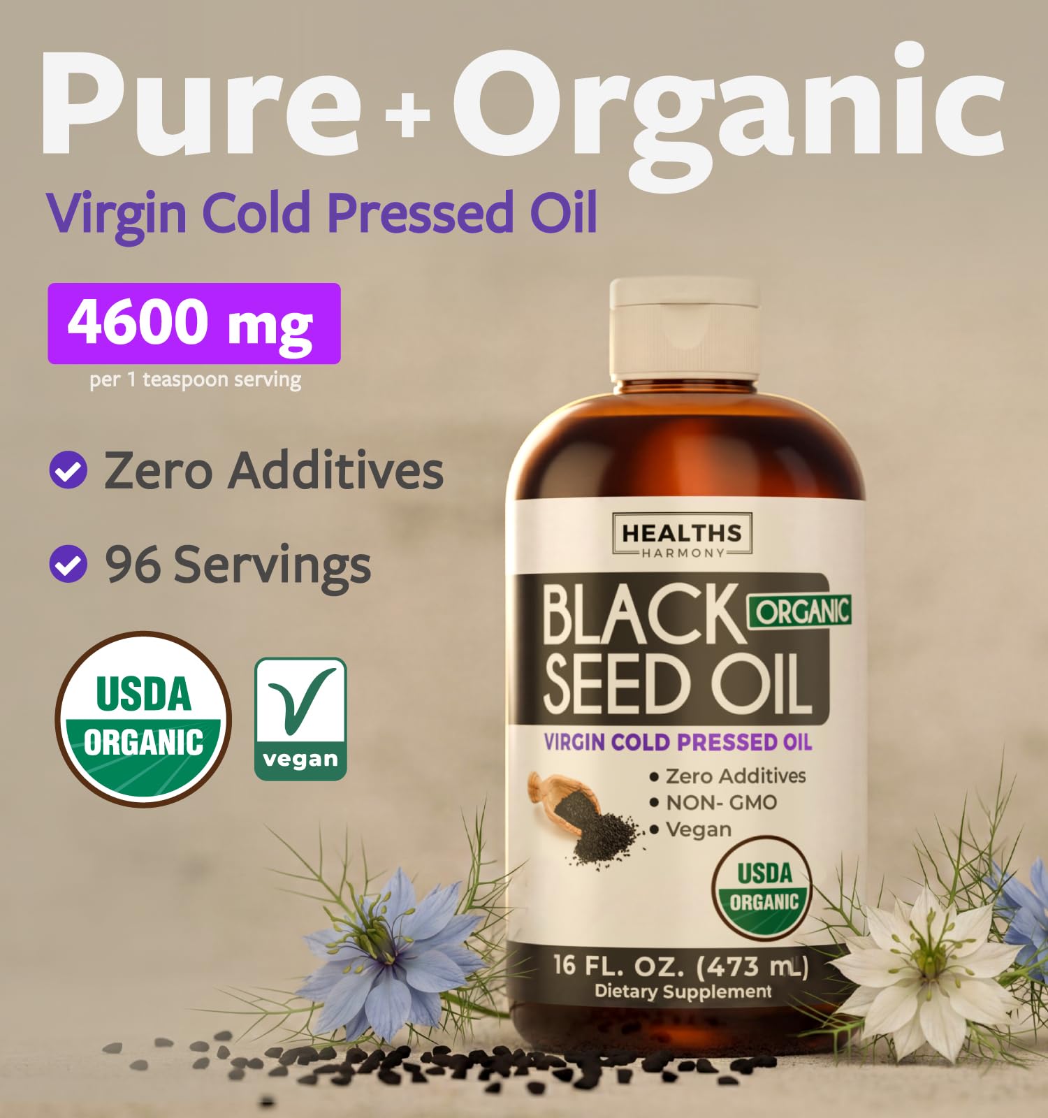 USDA Organic Black Cumin Seed Oil Liquid (8 fl oz) Premium Cold-Pressed Nigella Sativa Producing Pure - Antioxidant Supplement - Vegan, Gluten-Free, & Non-GMO (No Pills or Capsules)