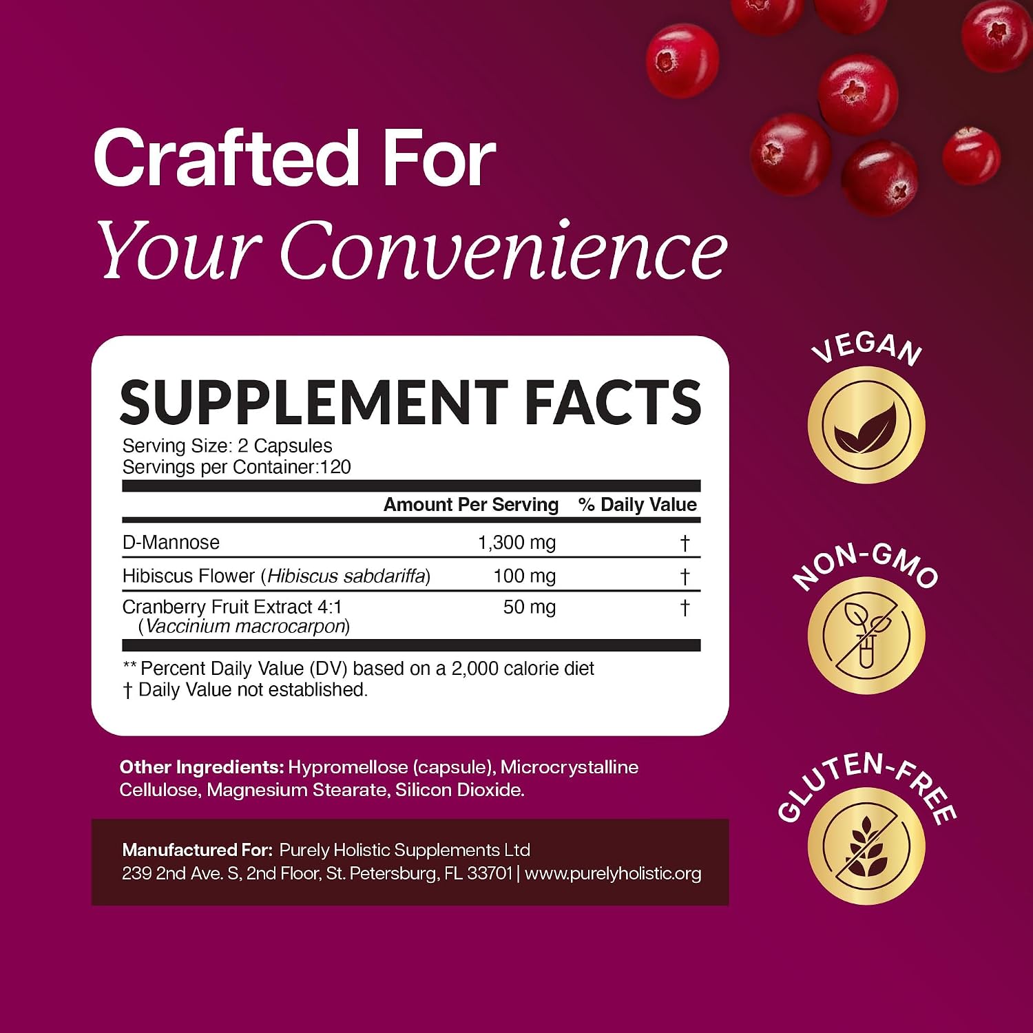 D Mannose with Cranberry, Drug-Free Urinary Tract Health Support, 240 Ct | Evidence-Based DMannose 1300mg for Urinary & Bladder Health for Women, D Mannose Supplements for Women & Men, 4 Month Supply