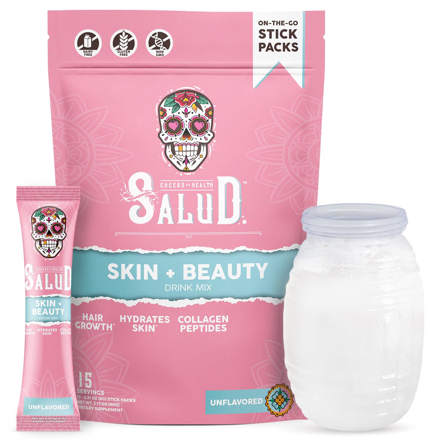 Salud 2-in-1 Skin + Beauty Drink Mix, Strawberry Kiwi | Collagen Peptides with Verisol, Hyaluronic Acid, Vitamin C, Biotin + Lustriva, Hydration Sticks, Gluten Free (15 Servings)