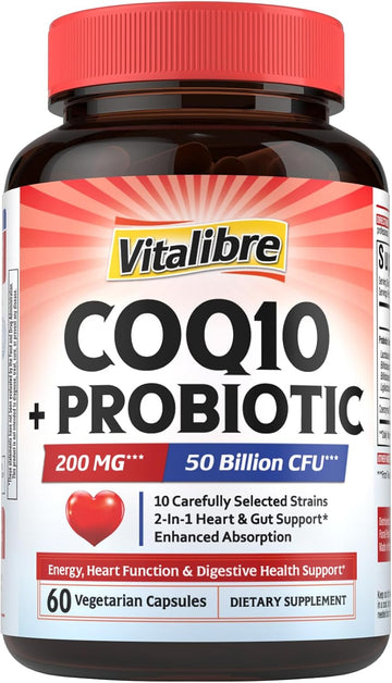 Vitalibre CoQ10 200 mg, with Probiotics for Women & Men, 50 Billion CFU, High Absorption Ubiquinone, Heart & Gut Energy Support, Powerful Antioxidant, Easy to Swallow, 60 Vegan Capsules