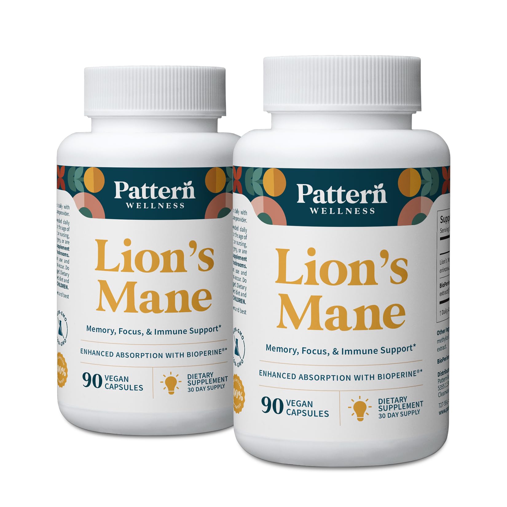 Pattern Wellness Lion’s Mane Mushroom Supplement – 90 Vegan Capsules | Supplement Capsules for Cognitive & Focus Support – Enhanced Absorption